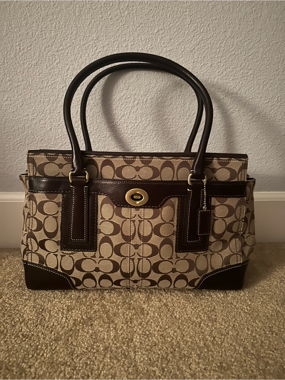 Coach Brown Signature tote bag with Dark Leather Trim